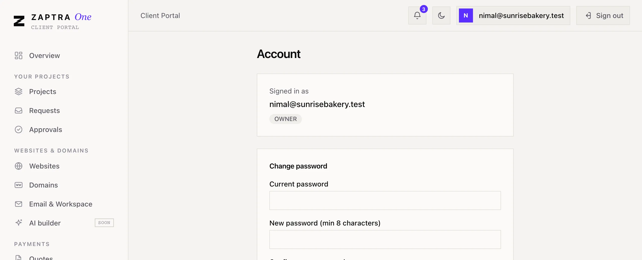 The Account page showing the signed-in email and role