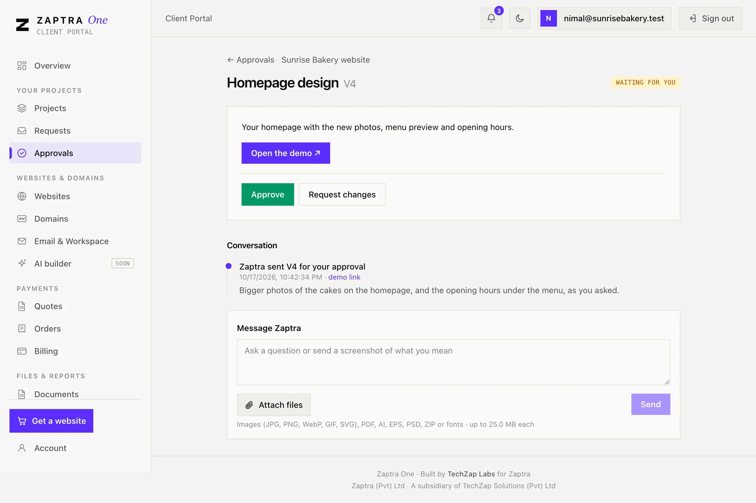 An approval with Open the demo, Approve and Request changes