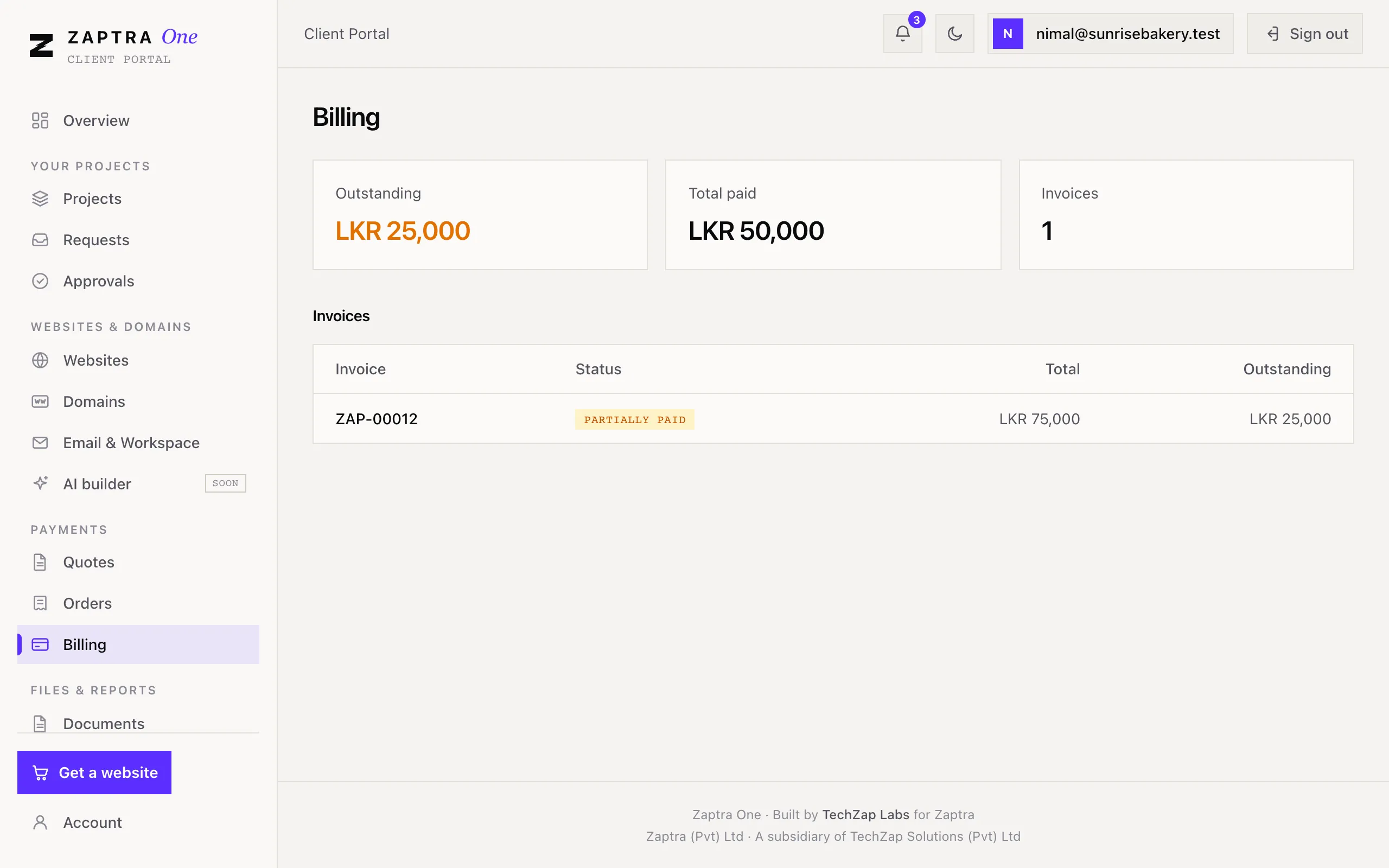 The Billing page with the list of invoices