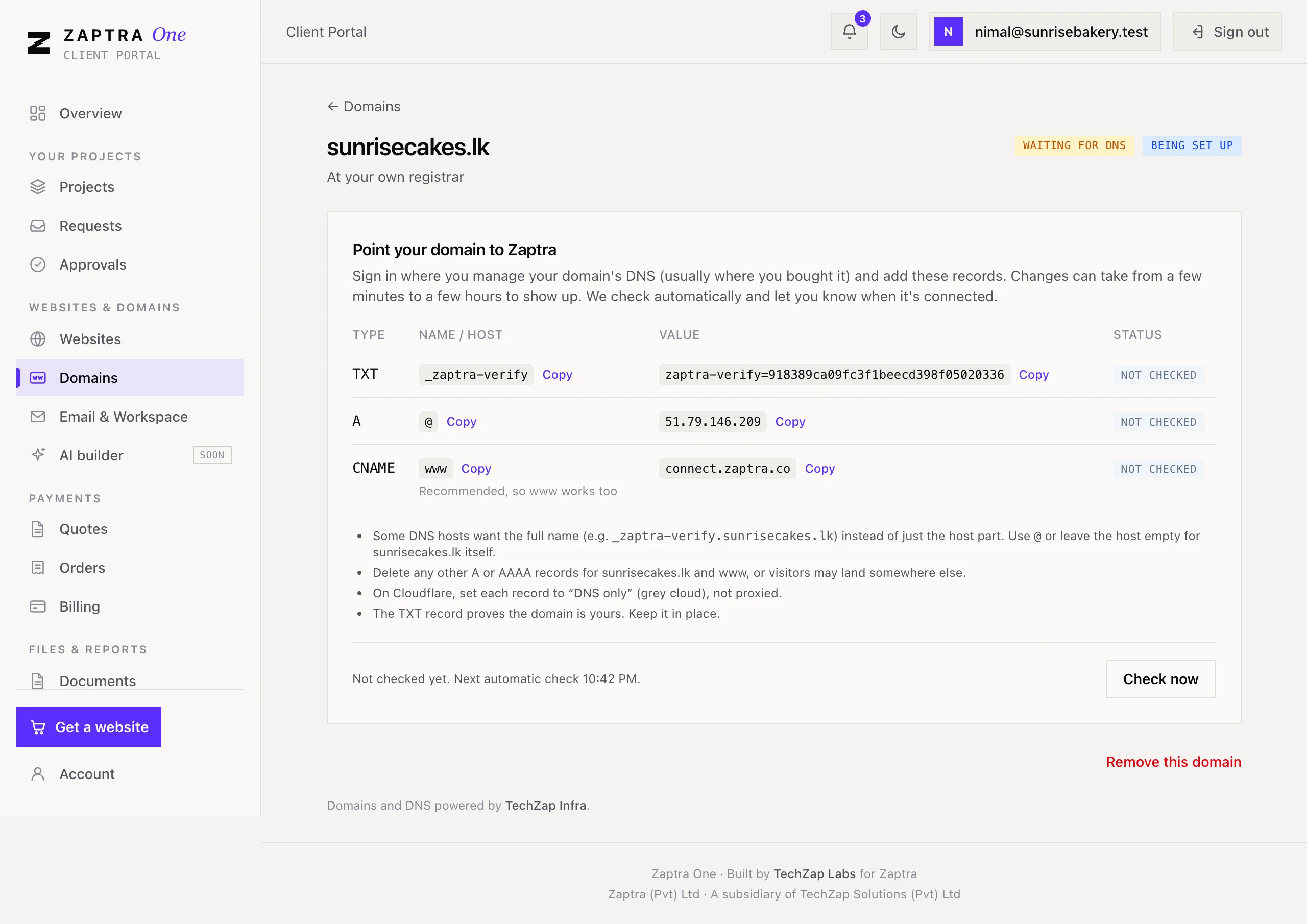 The DNS records to add, each with a Copy button