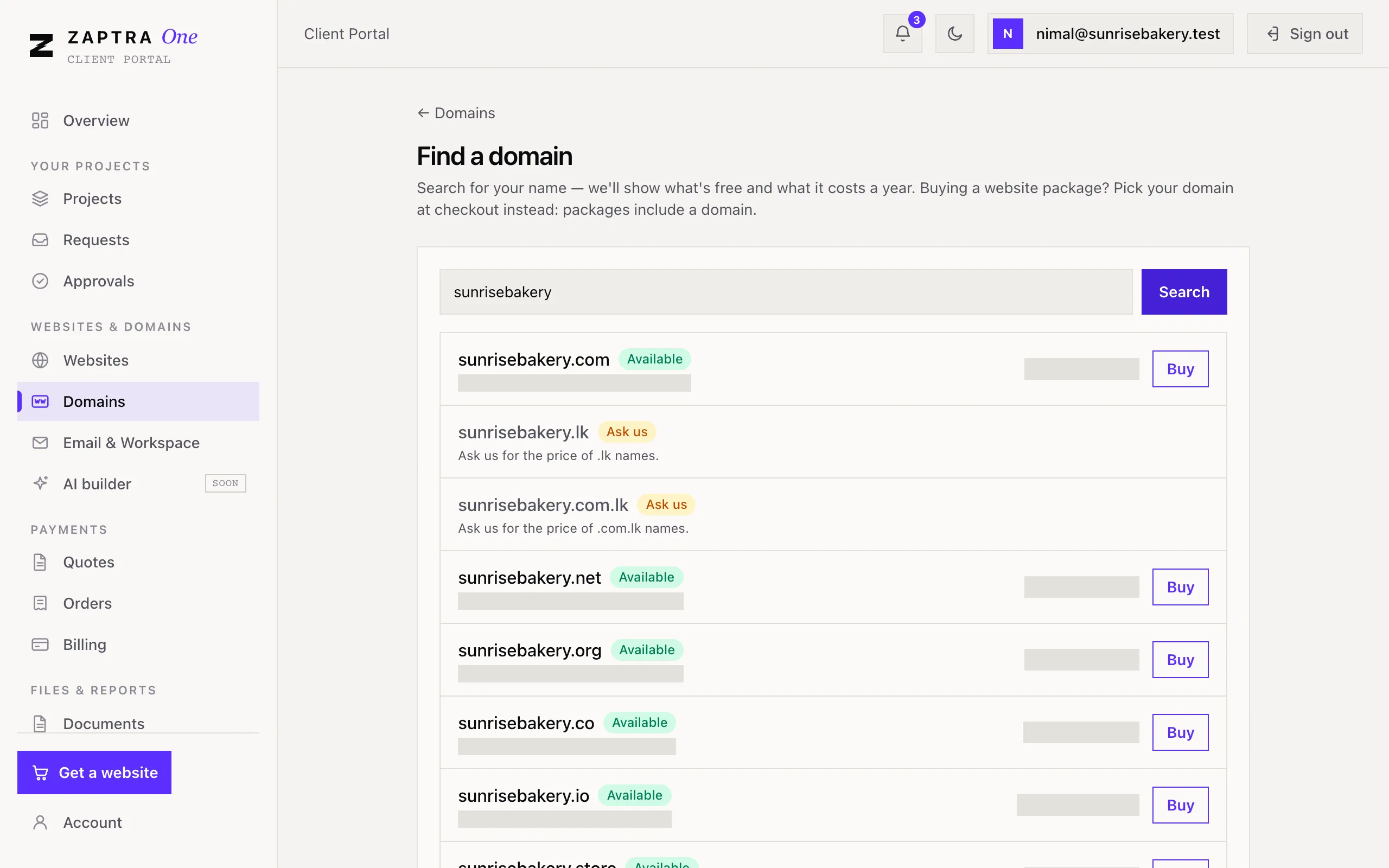 Domain search results, showing which names are available (prices hidden)