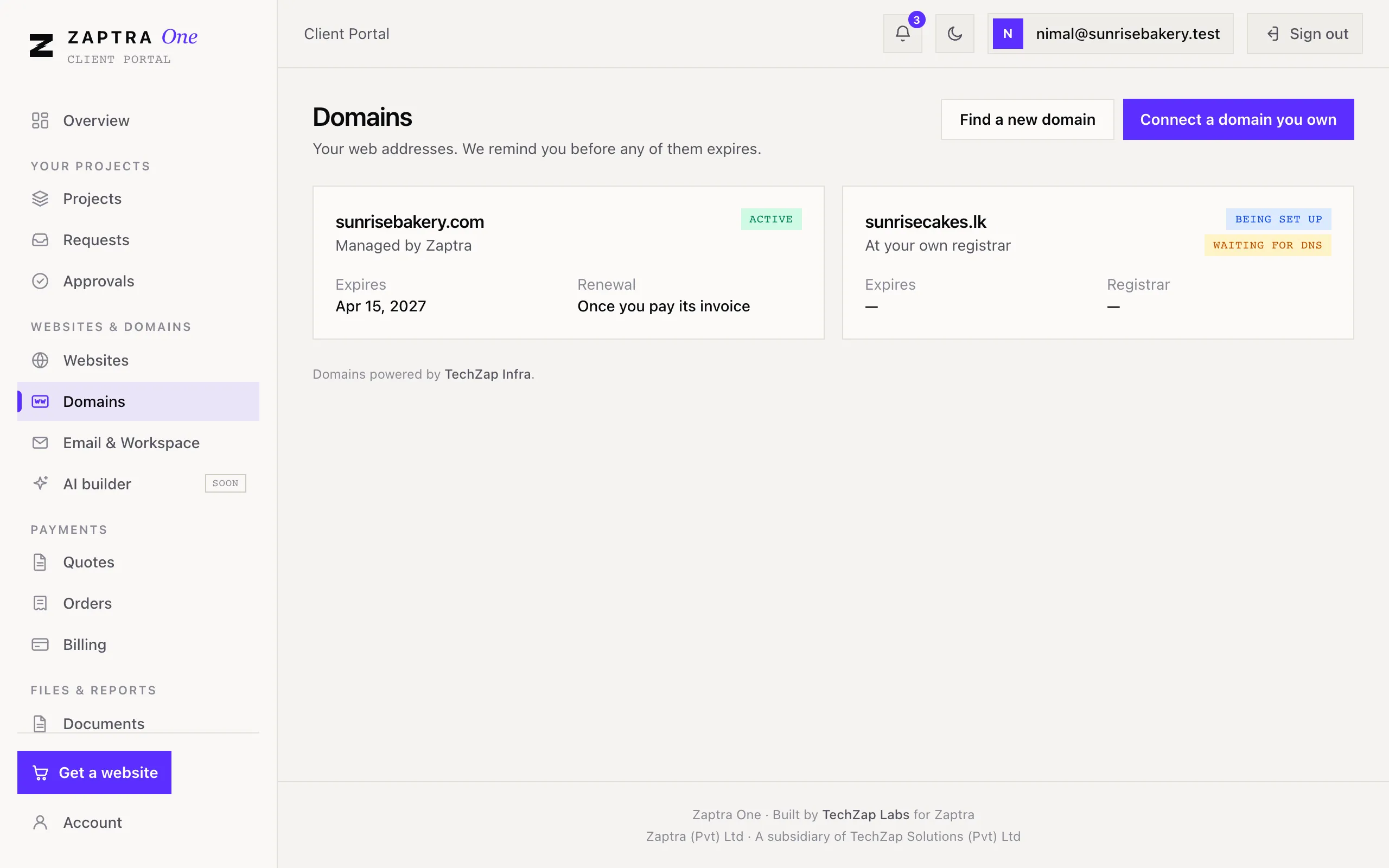 The Domains page