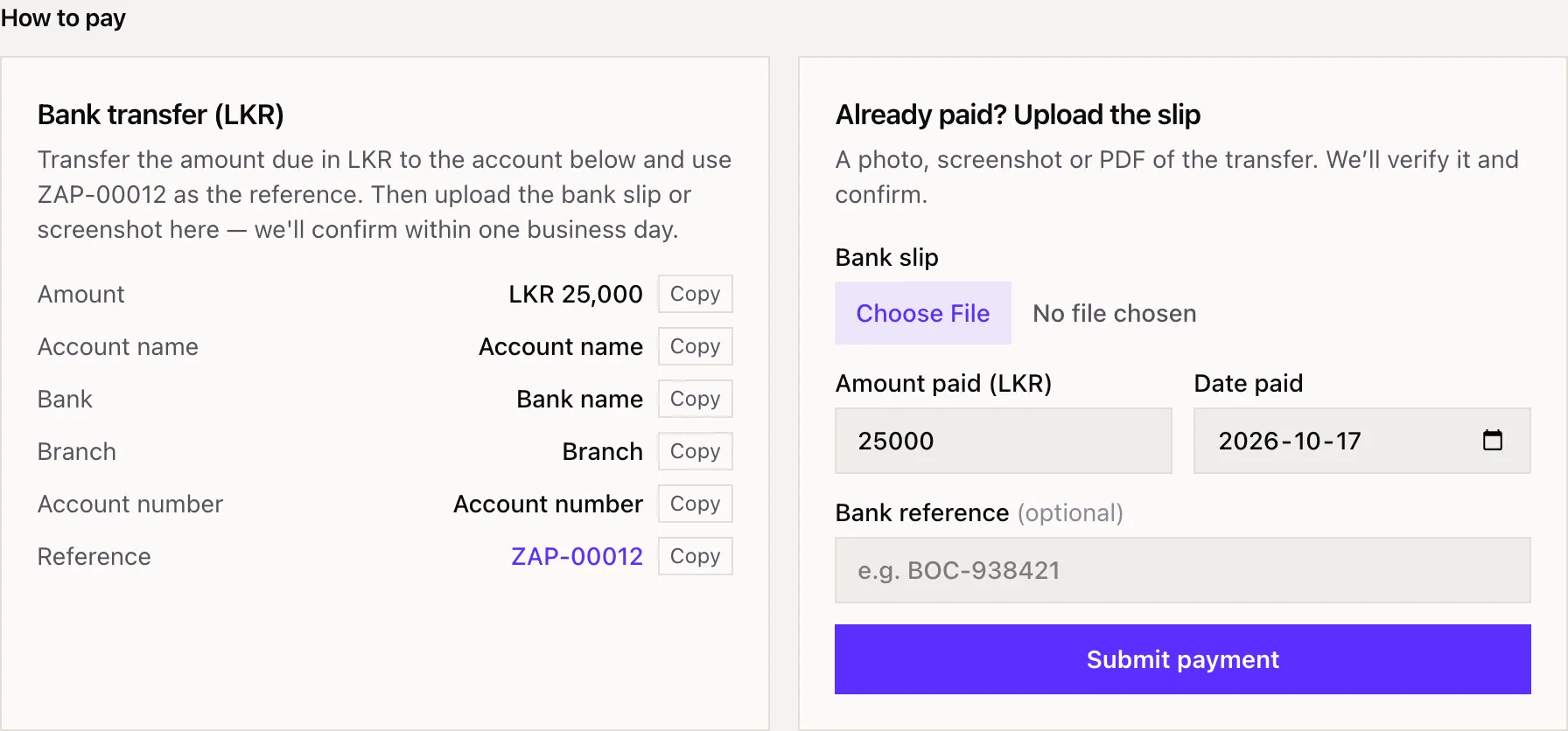 How to pay: the bank details, and the form to upload your slip