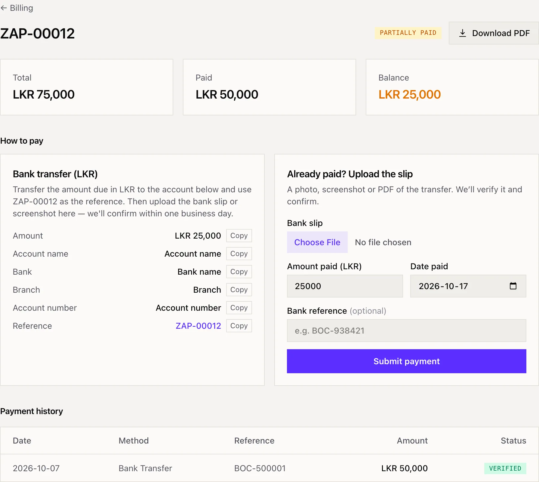 An invoice with its total, paid and balance, and the payment history