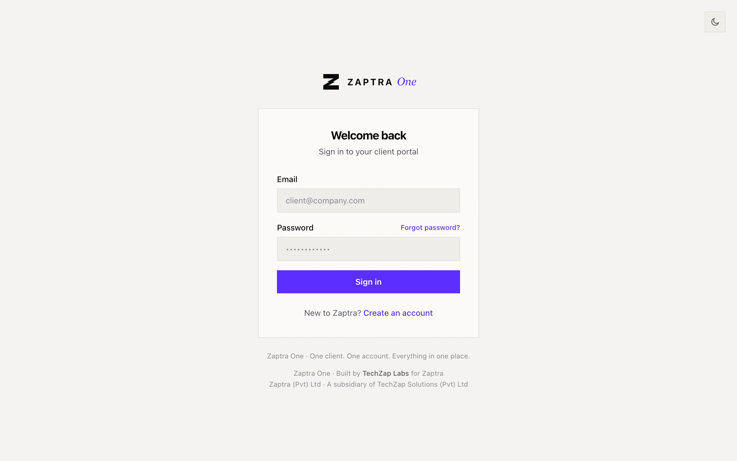 The Zaptra One sign-in page
