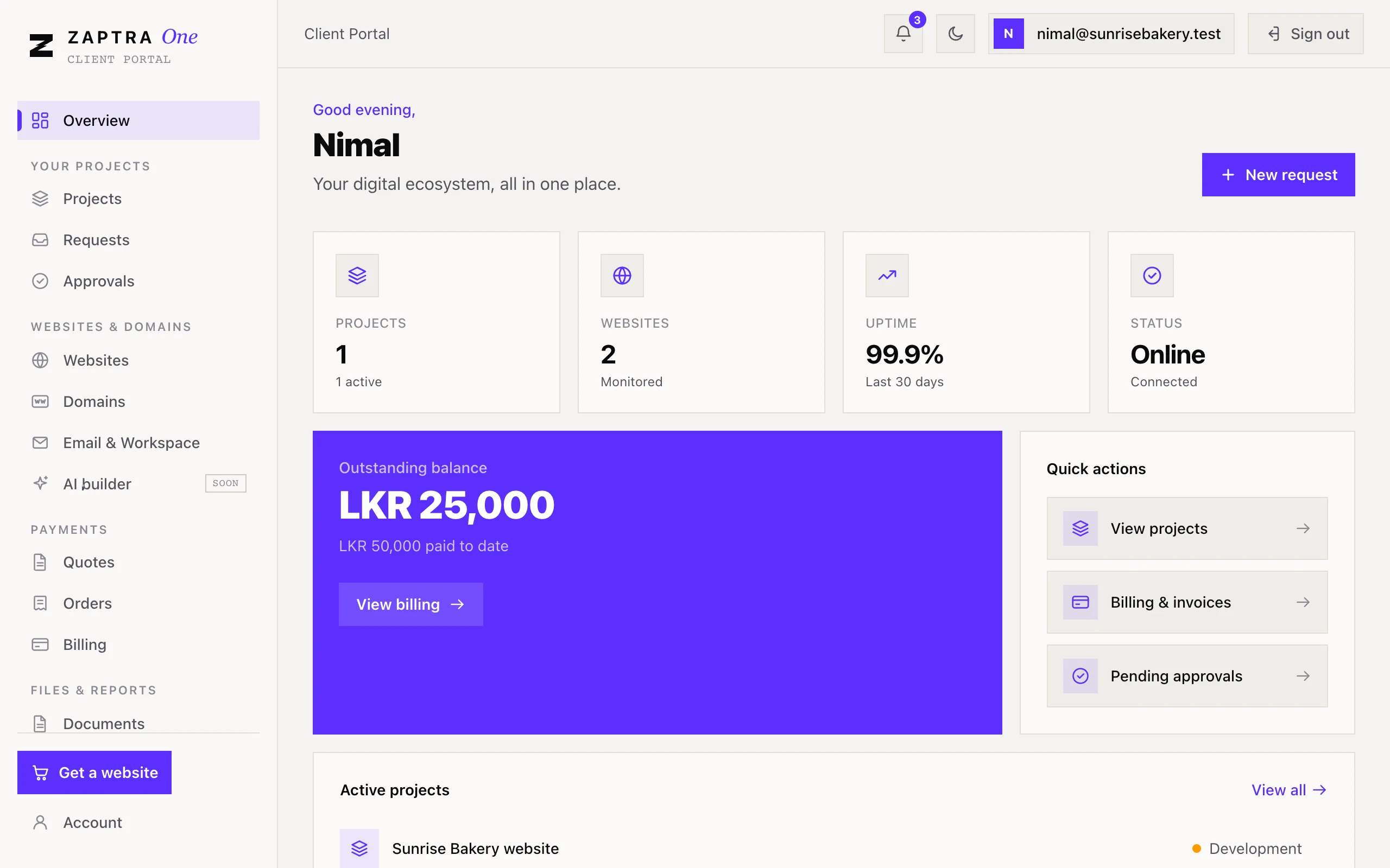 The Overview page with the menu on the left