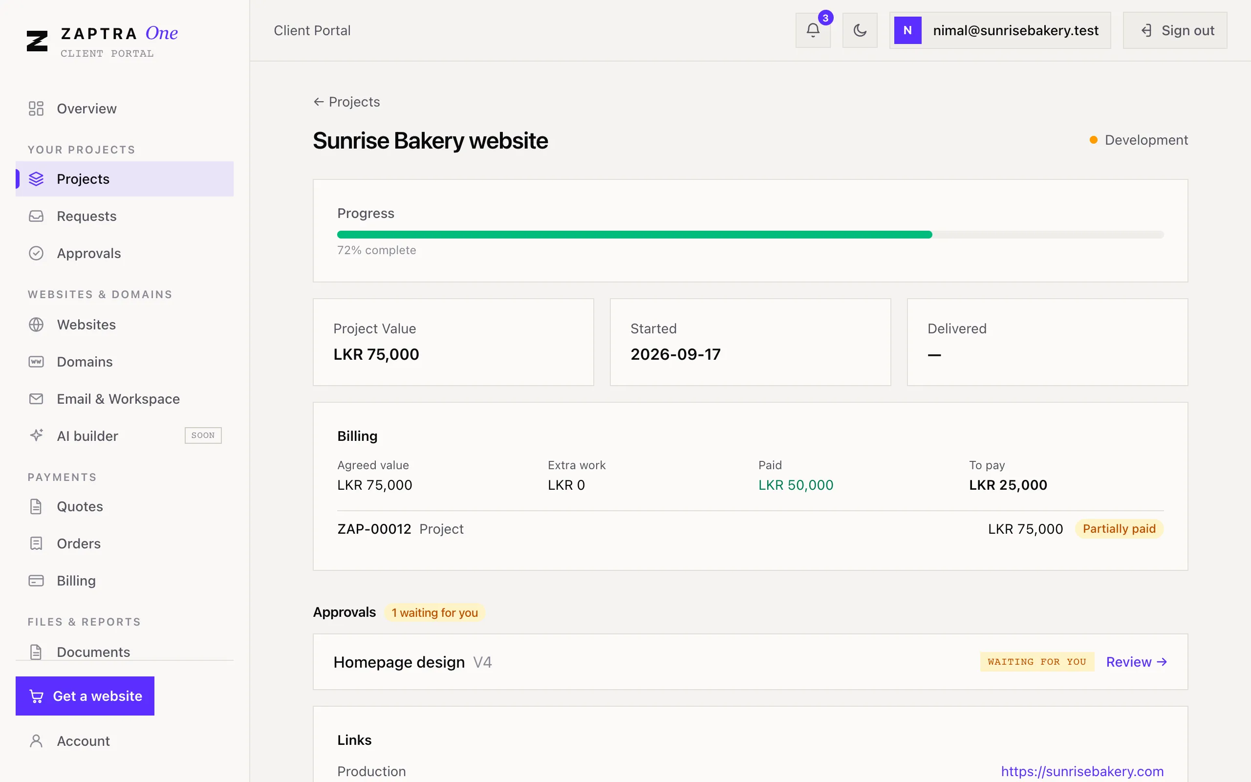 A project page with its stage, progress, value and billing